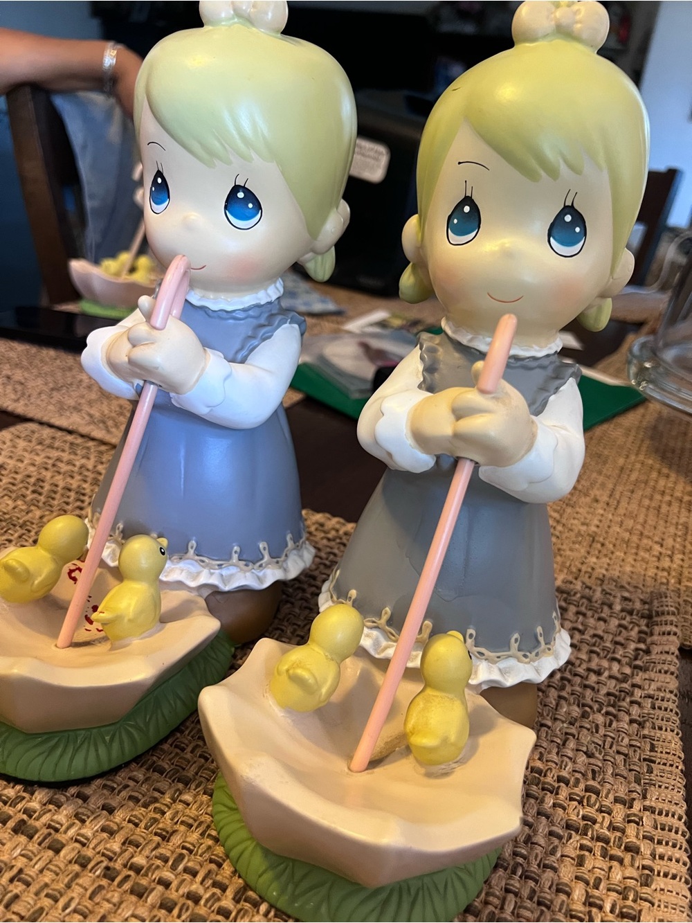 Precious Moments Twin Girl Figurines with Blue Dresses and Yellow Ducklings